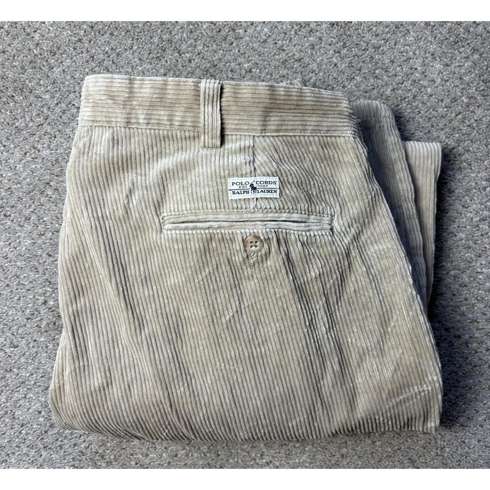 Vintage Polo Ralph Lauren Andrew Corduroy Pants 36x30 Beige Pleated Wide Wale